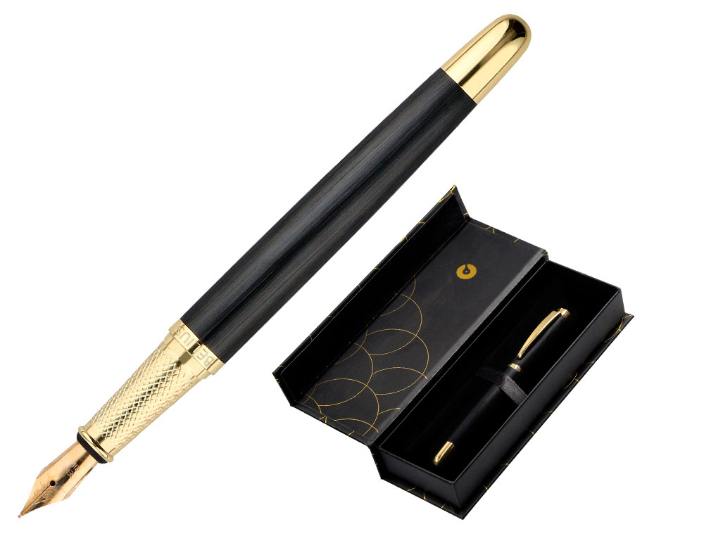 PLUMA BELIUS PASSION DOR ALUMINIO TEXTURA CEPILLADA COLOR NEGRO Y DORADO TINTA AZUL CAJA DE DISEO