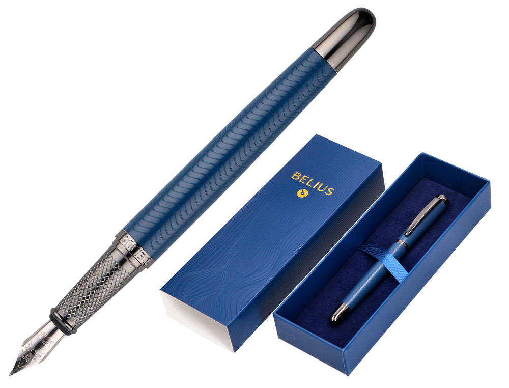 PLUMA BELIUS NEPTUNO ALUMINIO TEXTURA WAVY COLOR AZUL MARINO TINTA AZUL CAJA DE DISEO