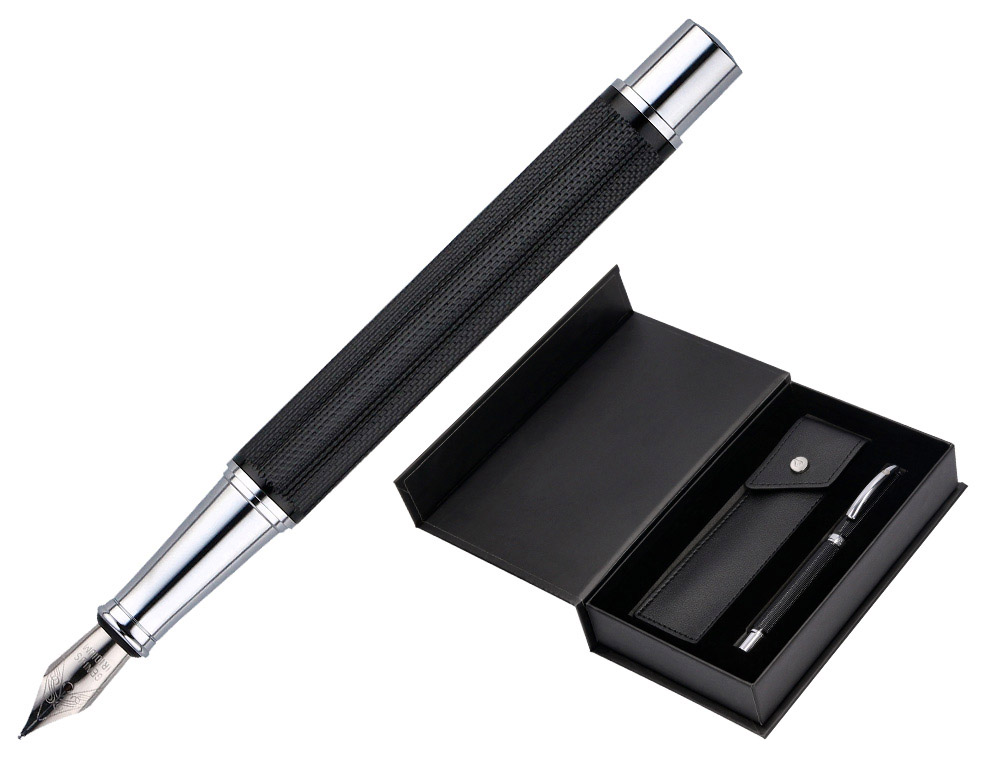 PLUMA Y ESTUCHE BELIUS TURBO ALUMINIO TEXTURA PUNTEADA COLOR NEGRO Y PLATEADO TINTA AZUL CAJA DE DISEO