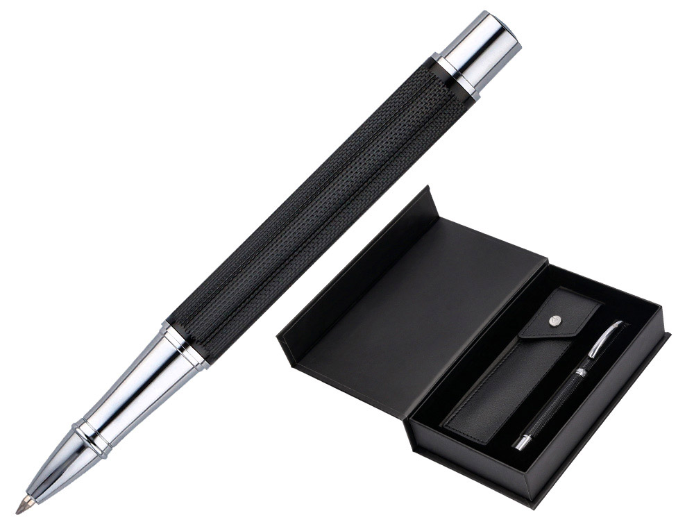 ROLLER Y ESTUCHE BELIUS TURBO ALUMINIO TEXTURA PUNTEADA NEGRO PLATEADO TINTA AZUL CAJA DE DISEO