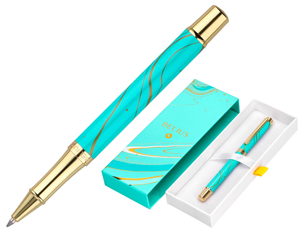 ROLLER BELIUS AQUA ALUMINIO COLOR TURQUESA Y DORADO TINTA NEGRA CAJA DE DISEO