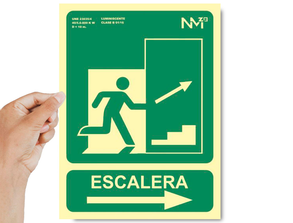 PICTOGRAMA ARCHIVO 2000 SALIDA EMERGENCIA ESCALERA SUBE DERECHA PVC VERDE LUMINISCENTE 224X300 MM