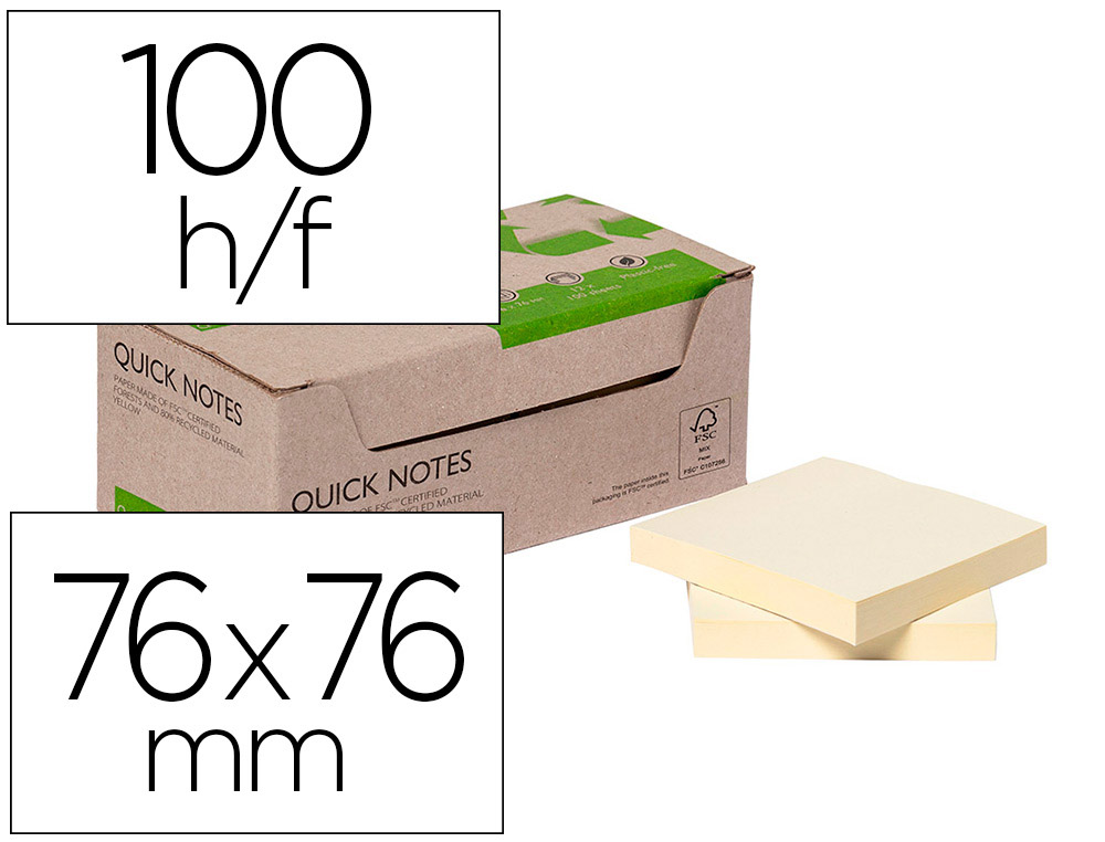 BLOC DE NOTAS ADHESIVAS QUITA Y PON Q-CONNECT 38X51 MM 100% PAPEL RECICLADO AMARILLO EN CAJA DE CARTON